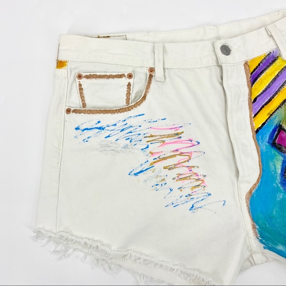 ART THERAPY MUSEO Vintage Levi's 501 High Rise White Unisex Denim Shorts SZ 38 - Picture 6 of 11